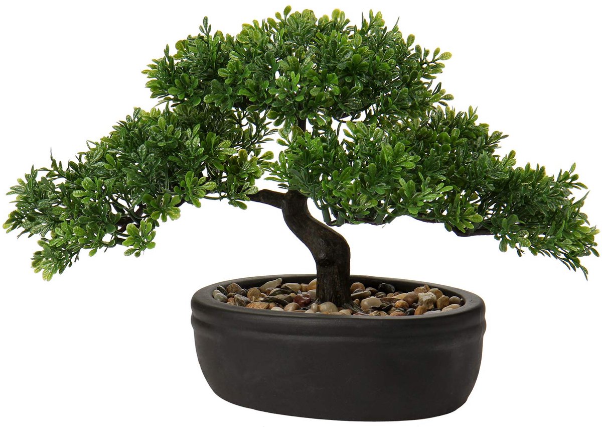 Unyqoos Natuurgetrouwe kunstbonsai in zwarte keramische pot voor stijlvolle decoratie groen