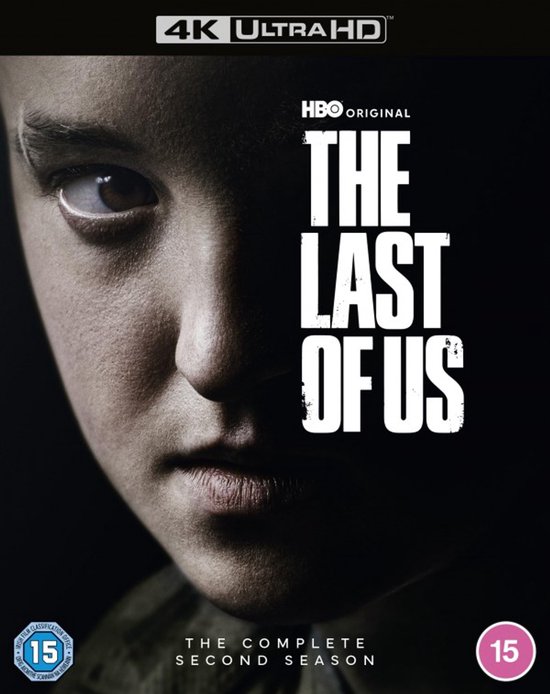 4K Ultra HD cover van The Last of Us, Seizoen 2. Close-up van een jong meisje met 4K Ultra HD logo en HBO Original.