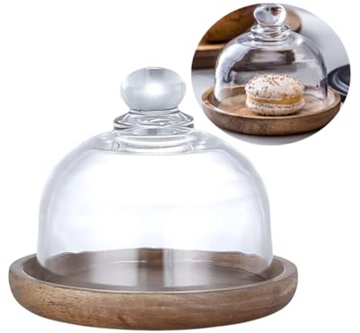 Glazen Dessertkoepel met Houten Basis voor Taart en Hapjes