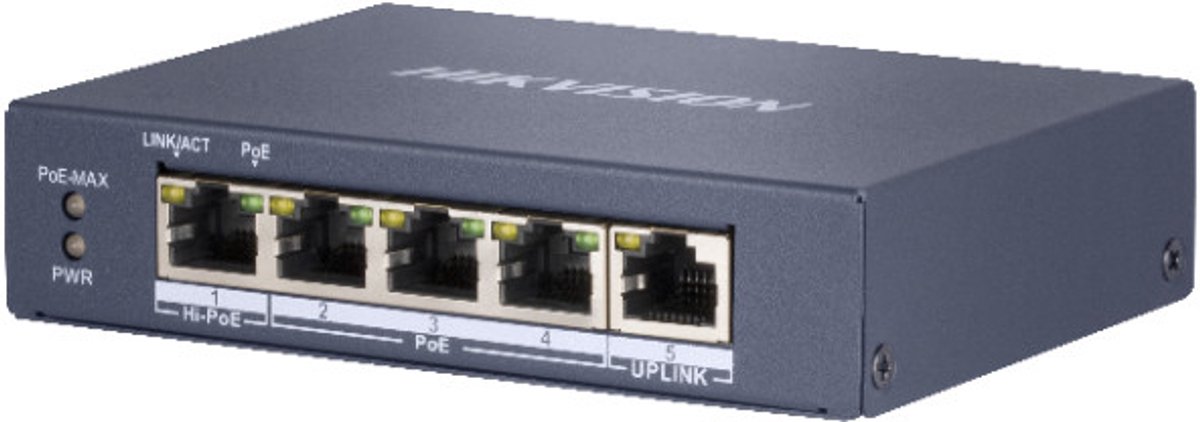 Hikvision DS-3E0505HP-E Pro Series 4 poort Fast Ethernet Smart unmanaged POE switch met 1x Hi-PoE en 1x RJ45