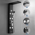 Zwart douchepaneel met vier getoonde functies: regendouche, handdouche, 6 massagestralen, waterval.