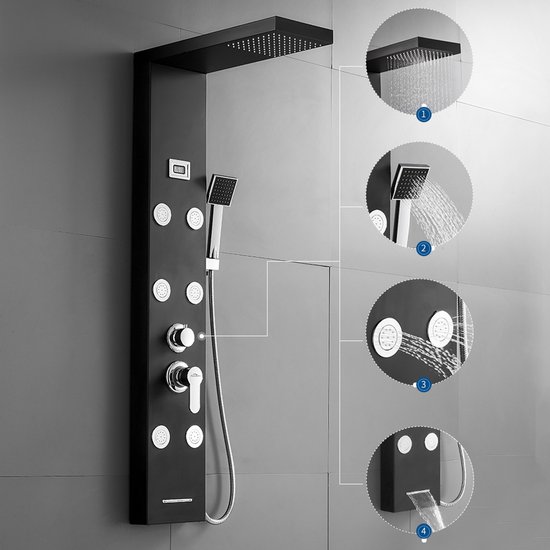 Zwart douchepaneel met vier getoonde functies: regendouche, handdouche, 6 massagestralen, waterval.