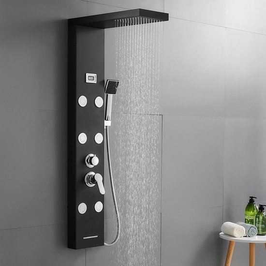 Zwart douchepaneel met actieve regendouche, handdouche, 7 jets en digitaal display.