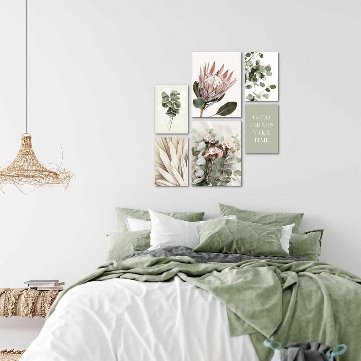 Stunq® Klaar om op te hangen - geen extra frame nodig - groene bladeren modern boho beige - woonkamer slaapkamer