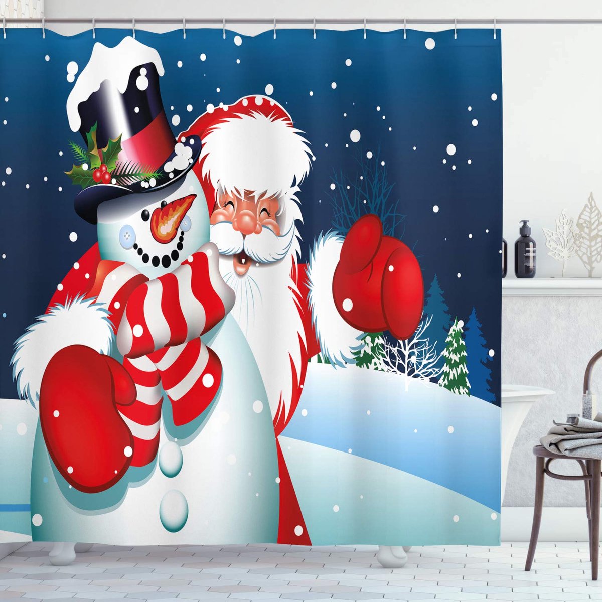 ABAKUHAUS douchescherm Sint-Sneeuwman Hug – 175x180 cm – wit blauw rood
