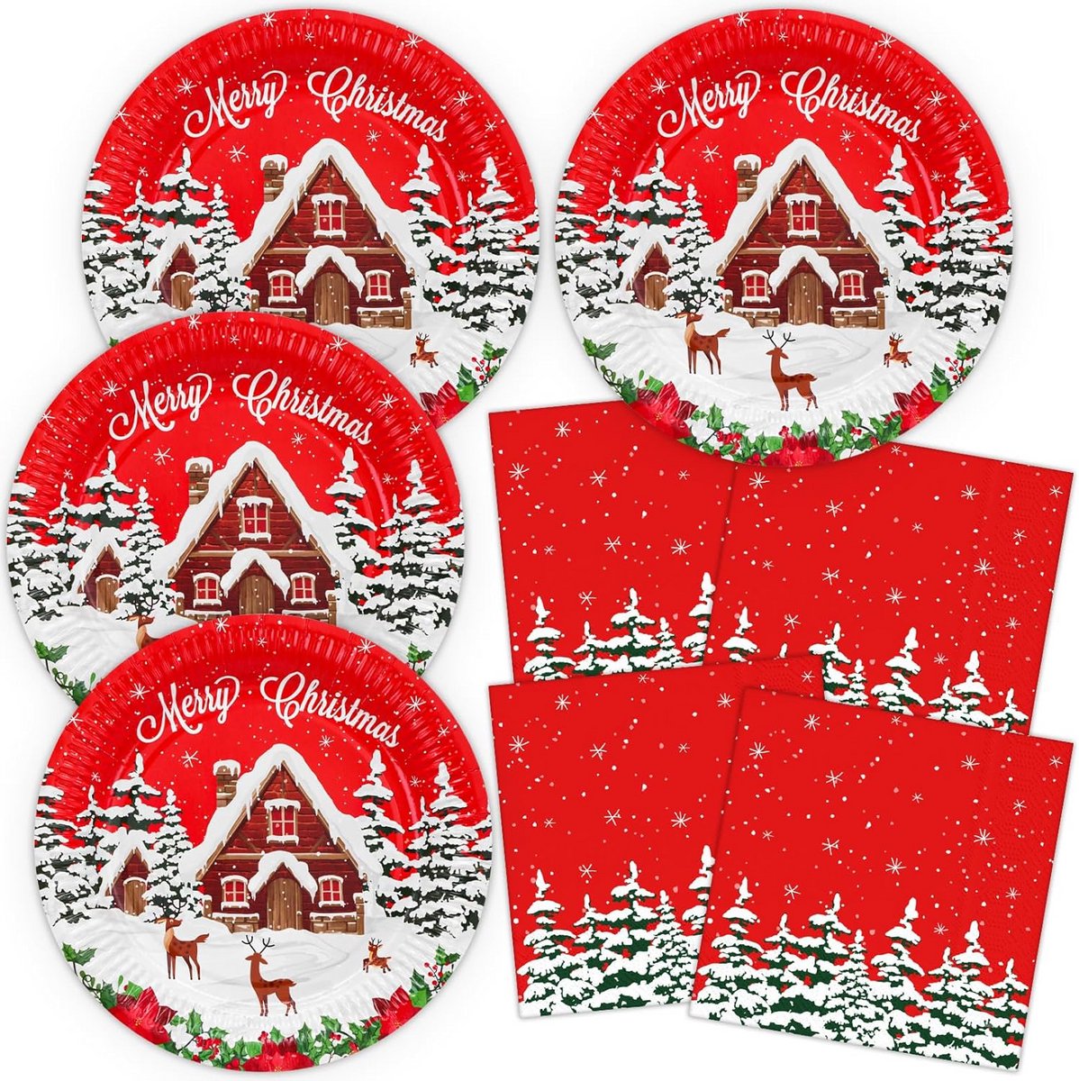 Kerstservies Set: Borden en Servetten met Sneeuwhuis Design - 40 Delig Feestdecoratie