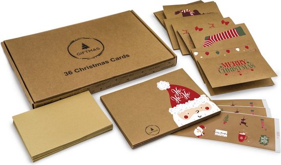 Kerstkaarten set met gesloten doos, kaarten met kerstman, stapels enveloppen en stickers.