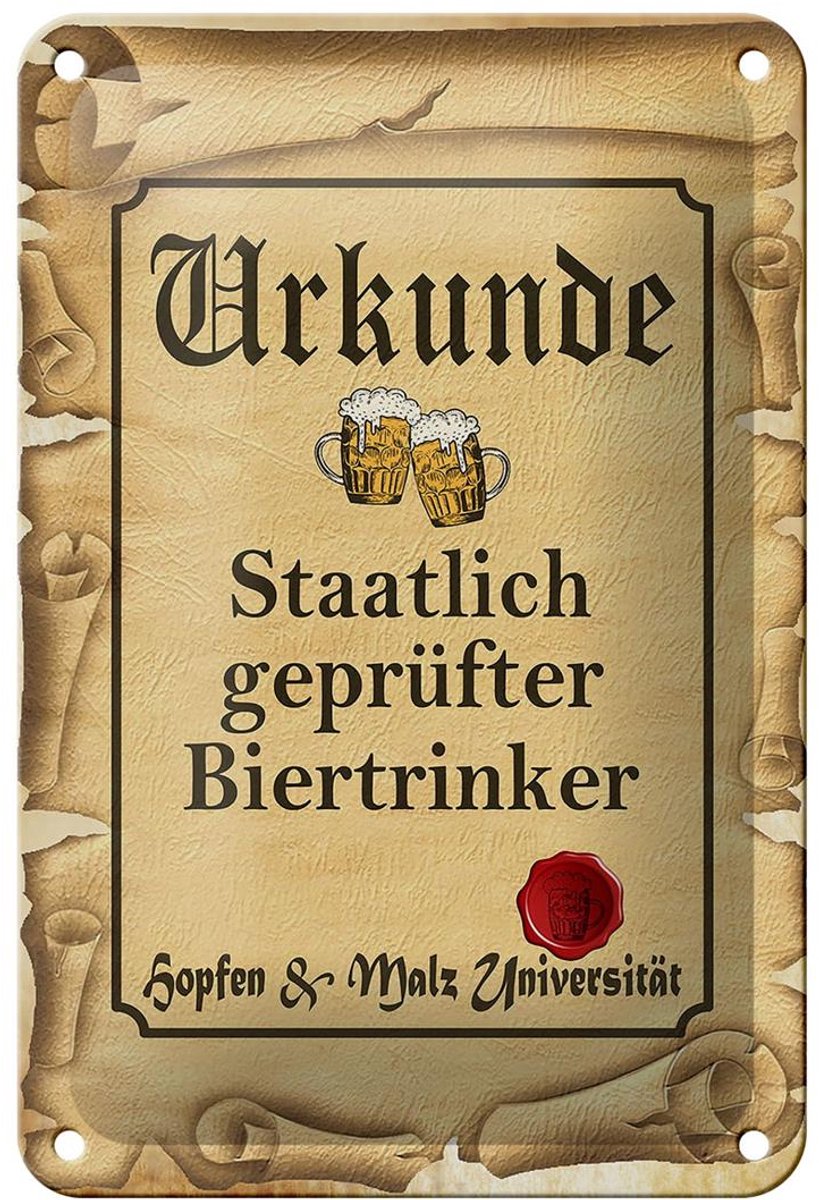 Blechschild Bier 12x18cm Urkunde geprüfter Biertrinker