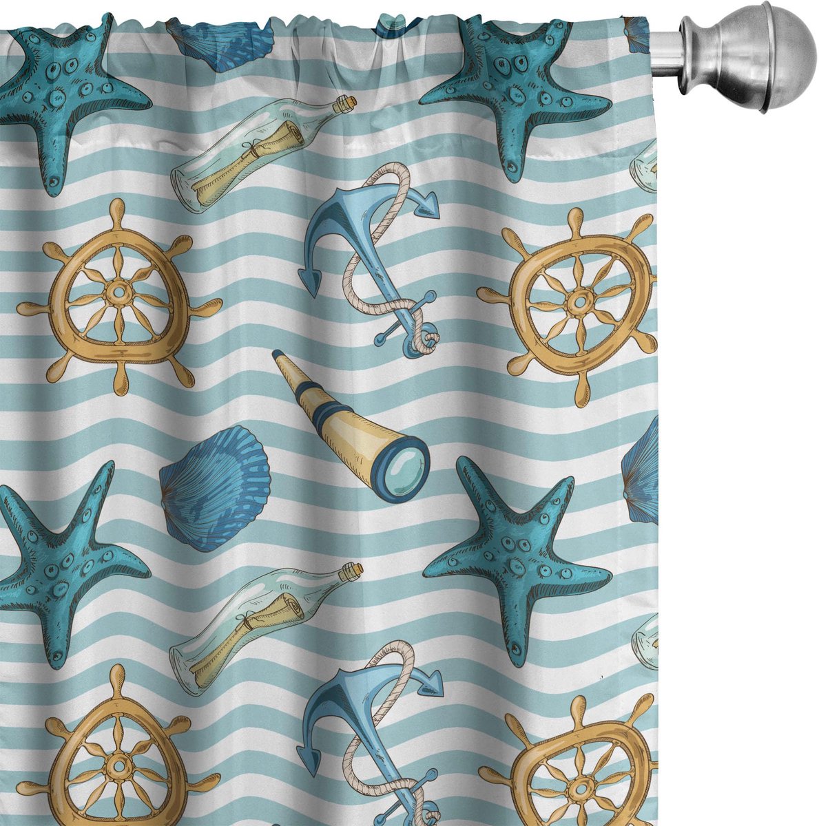 ABAKUHAUS Nautische Gordijnen – 2x75x225 cm – Blauw/Aprikoos – Microvezel
