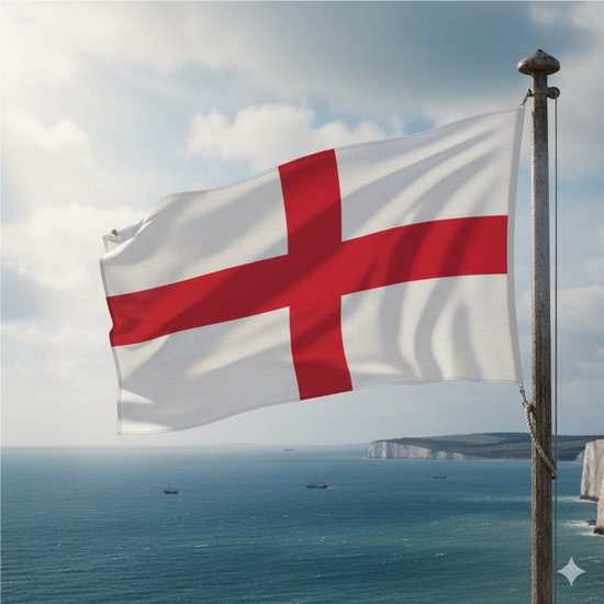 De vlag van Engeland, St. George, wappert op een paal bij de witte kliffen en de zee.