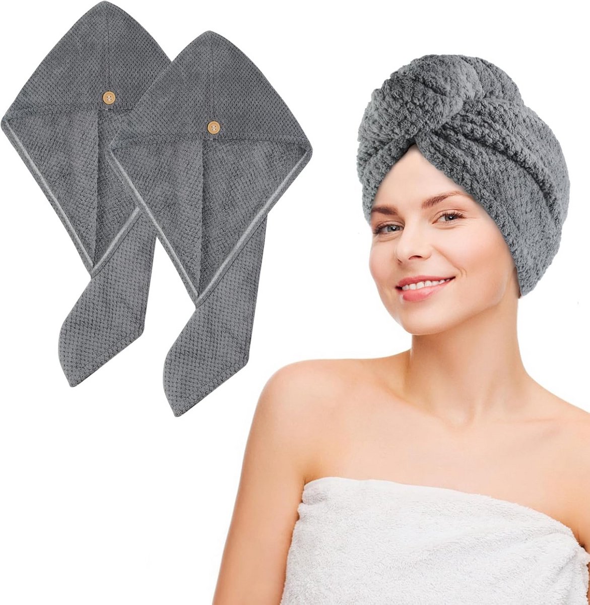 Set van 2 Sneldrogende Microvezel Haarhanddoeken met Knoop - Extra Absorberend voor Alle H