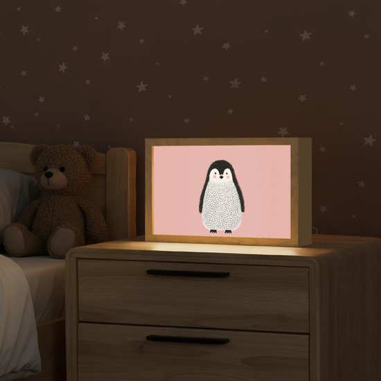 Nachtlampje 30x20 cm - Kinder lamp - Pinguïn - Stippen - Minimalistisch - Roze - Tafellamp kinderkamer - Slaapkamer lamp - Bedlamp kinderen - Kinderlampje stopcontact - Wandlamp babykamer - Nachtlampjes van Merkloos — afbeelding 2