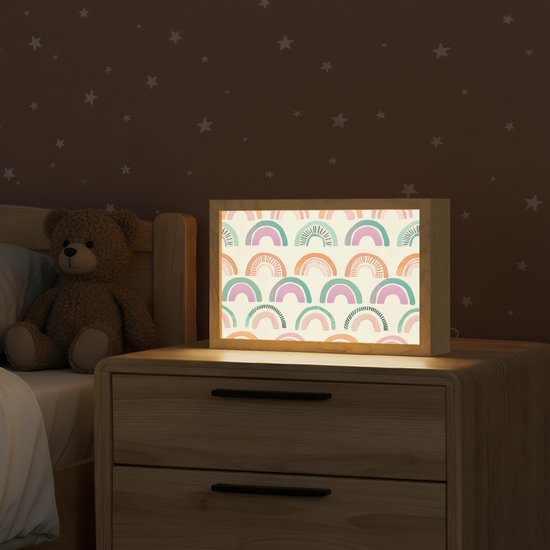 Nachtlampje 30x20 cm - Kinder lamp - Regenboog - Pastel - Patroon - Tafellamp kinderkamer - Slaapkamer lamp - Bedlamp kinderen - Kinderlampje stopcontact - Wandlamp babykamer - Nachtlampjes van Merkloos — afbeelding 2