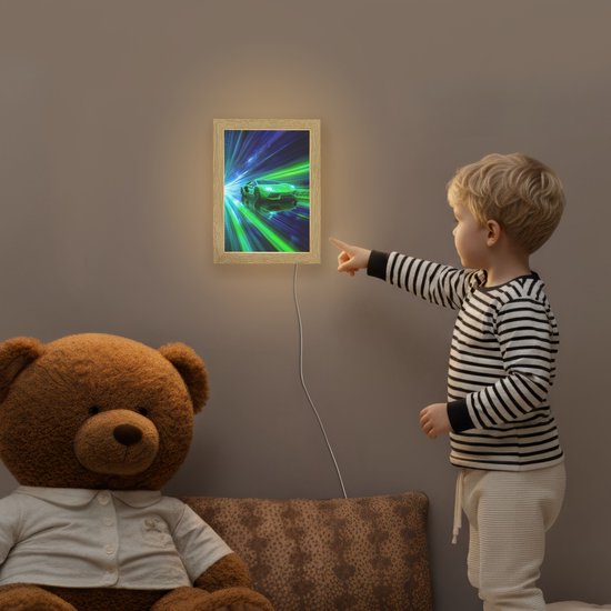 Nachtlampje 15x20 cm - Kinder lampje - Snelheid - Licht - Sportwagen - Groen - Tafellamp kinderkamer - Slaapkamer lamp - Bedlamp kinderen - Kinderlampje stopcontact - Wandlamp babykamer - Nachtlampjes van OnlyWow — afbeelding 5