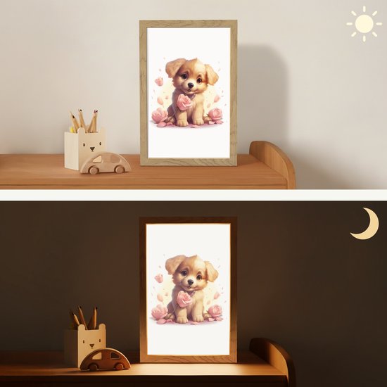 Nachtlampje 20x30 cm - Kinder lamp - Hond - Bloemen - Roze - Meisjes - Kind - Tafellamp kinderkamer - Slaapkamer lamp - Bedlamp kinderen - Kinderlampje stopcontact - Wandlamp babykamer - Nachtlampjes van CombiCraft — afbeelding 4