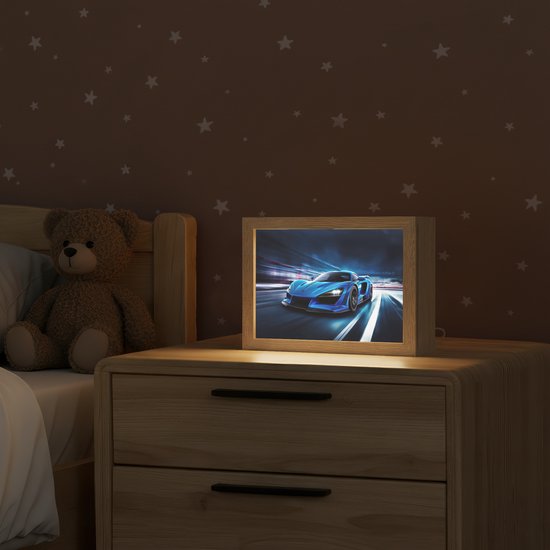 Nachtlampje 20x15 cm - Kinder lampje - Auto - Blauw - Jongens - Kind - Tafellamp kinderkamer - Slaapkamer lamp - Bedlamp kinderen - Kinderlampje stopcontact - Wandlamp babykamer - Nachtlampjes van Merkloos — afbeelding 2