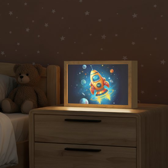 Nachtlampje 30x20 cm - Kinder lamp - Raket - Ruimte - Planeten - Kinderen - Jongen - Tafellamp kinderkamer - Slaapkamer lamp - Bedlamp kinderen - Kinderlampje stopcontact - Wandlamp babykamer - Nachtlampjes van Merkloos — afbeelding 2