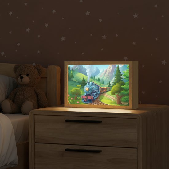 Nachtlampje 30x20 cm - Kinder lampje - Trein - Bloemen - Kinderen - Natuur - Tafellamp kinderkamer - Slaapkamer lamp - Bedlamp kinderen - Kinderlampje stopcontact - Wandlamp babykamer - Nachtlampjes van OnlyWow — afbeelding 2