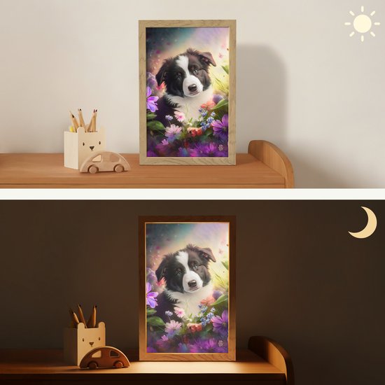 Nachtlampje 20x30 cm - Kinder lamp - Puppy - Zon - Bloemen - Natuur - Bordercollie - Hond - Tafellamp kinderkamer - Slaapkamer lamp - Bedlamp kinderen - Kinderlampje stopcontact - Wandlamp babykamer - Nachtlampjes van Merkloos — afbeelding 4