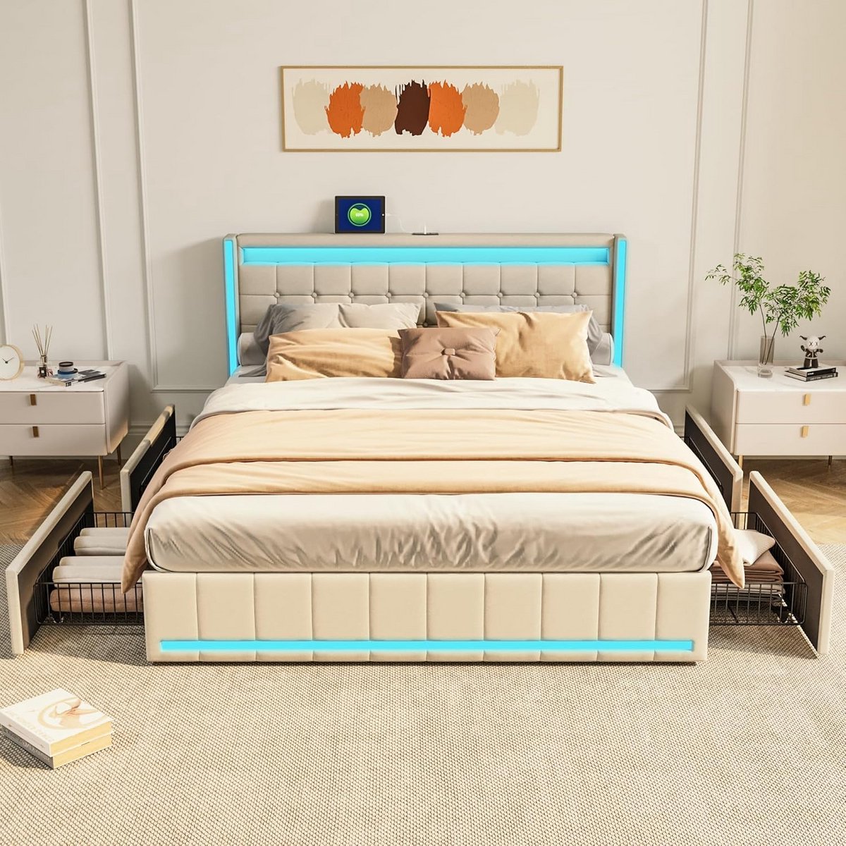 Tweepersoons Bedframe 180 x 200 cm met Opbergruimte, LED Verlichting en USB Opladen