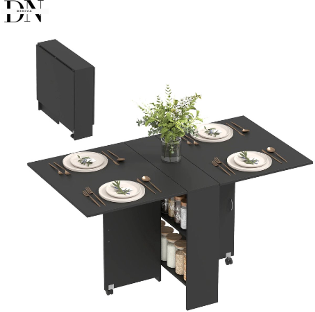 Deniva - Opklapbare Eettafel - Keukentafel - Keukentafel Inklapbaar - 2 Wielen - Vierkant/