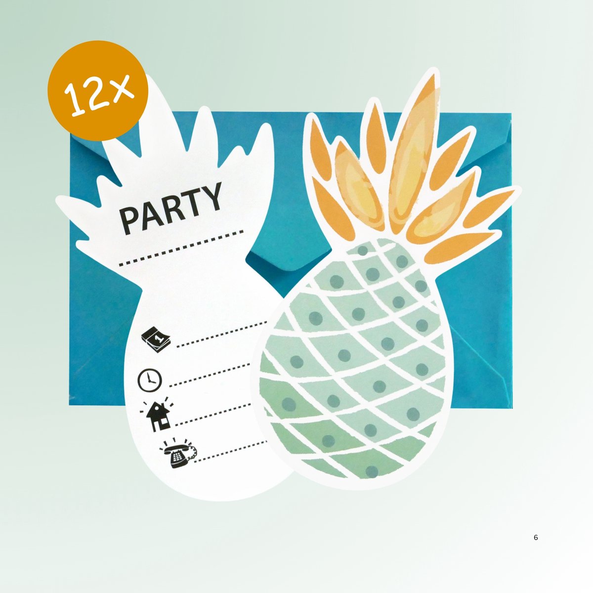 12 uitnodigingskaarten ANANAS - uitnodiging zomerfeest of BBQ - met azuurblauwe briefomslag