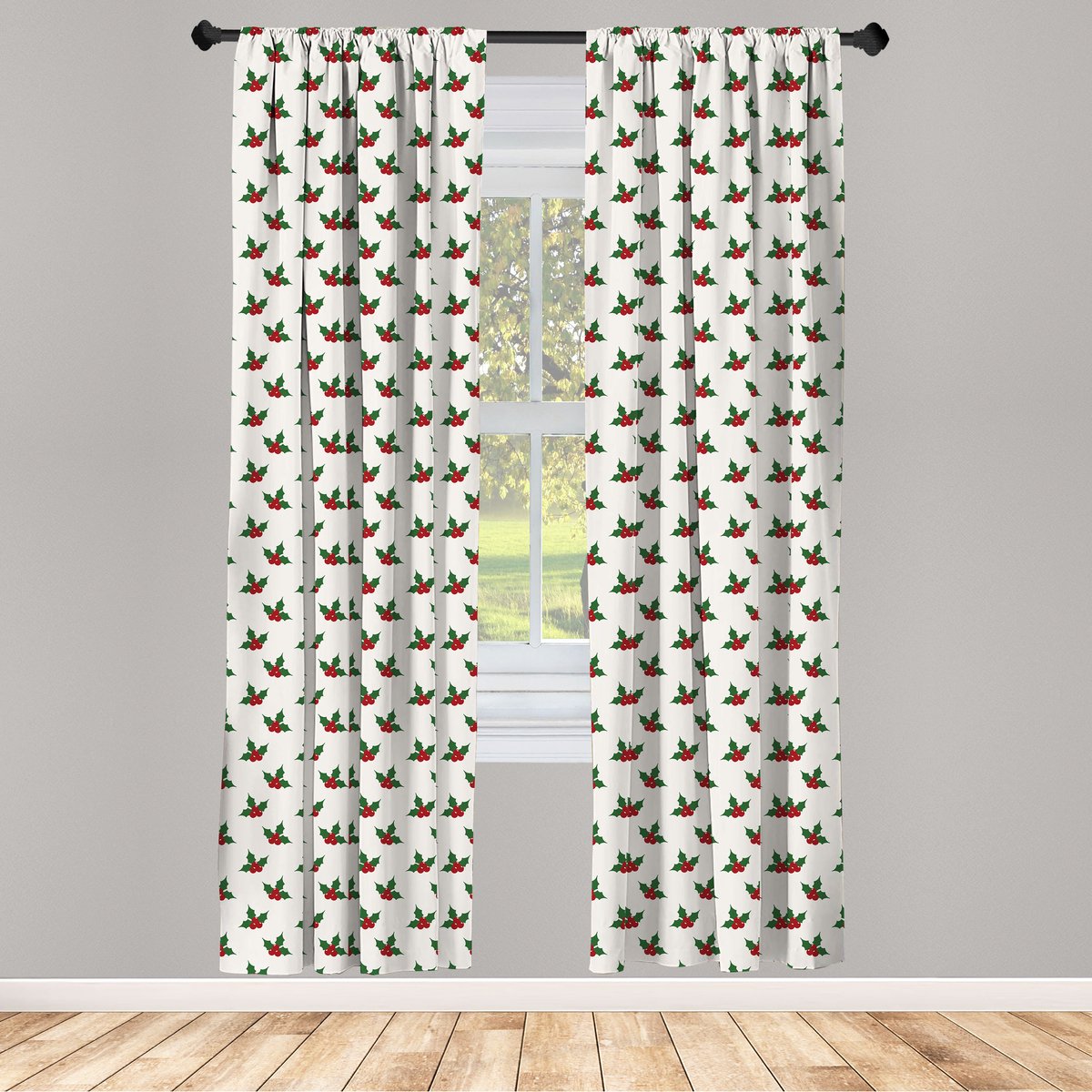 ABAKUHAUS – Raamdecoratie Hulstbessen – 2-delige set 75x175 cm – Groen Wit Rood