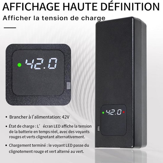 Snellader 42 V 2 A voor lithiumbatterij 36 V, met led-display en Snellader 42 V 2 A voor lithiumbatterij 36 V, met led-display en
