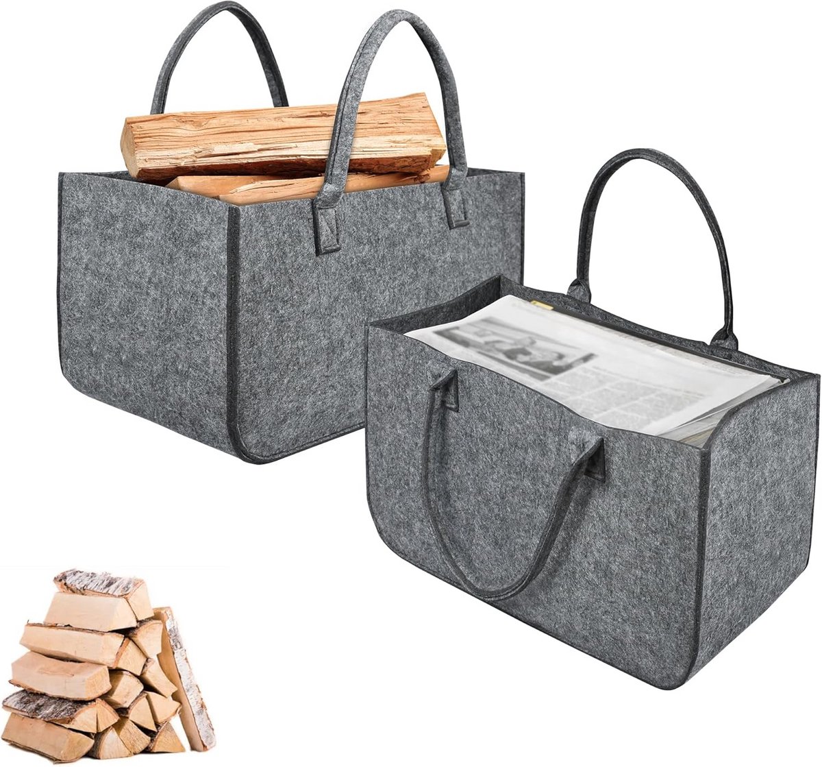 2x Grote Vilten Tas met Handvatten voor Brandhout, Boodschappen & Opslag - 50x25x25 cm
