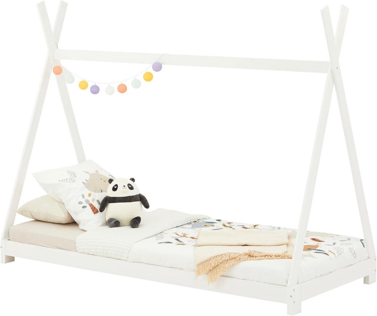 Kinderbed Tipi met Dakframe in Hout, Veerbed 90x200 cm, Speelbed voor Jongens en Meisjes