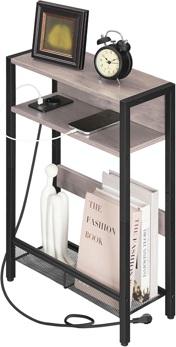 Compact Bijzettafel met Oplaadstation - Stekkerdoos & USB - 3 Niveaus - Greige/Zwart
