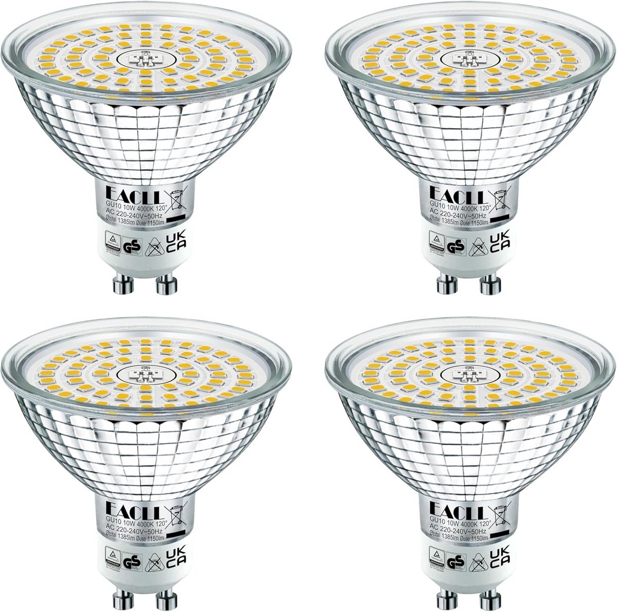 Set van 4 GU10 LED Lampen 10W Neutraal Wit 4000K - Vervanger 120W Halogeen