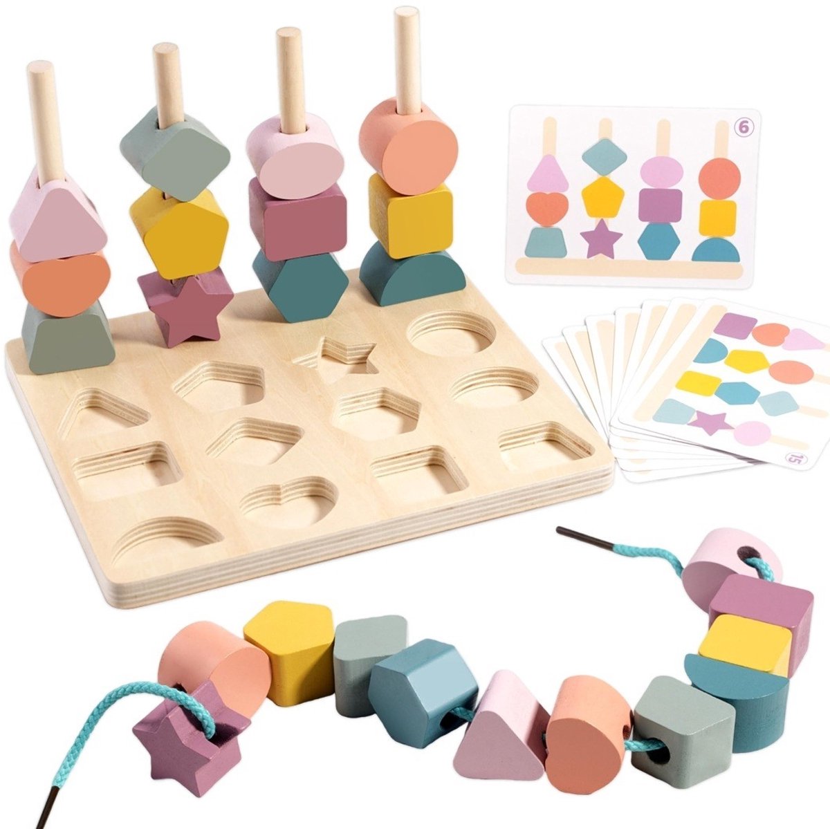 Montessori houten rijgspel, bouwblokken sorteerspel met kaartjes, houten stapelspel, educatief speelgoed, cadeau voor kinderen van 3, 4 en 5 jaar