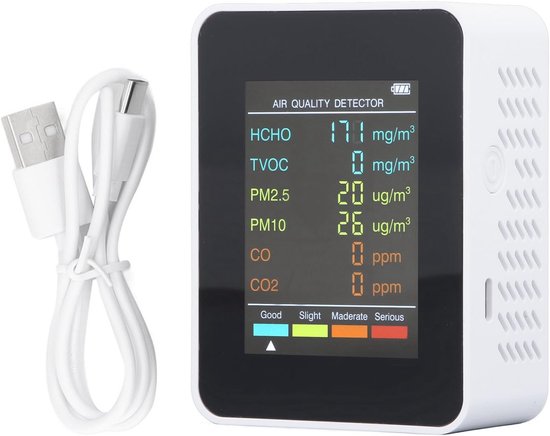 18-in-1 Luftqualitätsmonitor – PM2.5, TVOC, Temperatur, Luftfeuchtigkeit, 7,1 Cm TFT-Display, USB-C Aufladbar