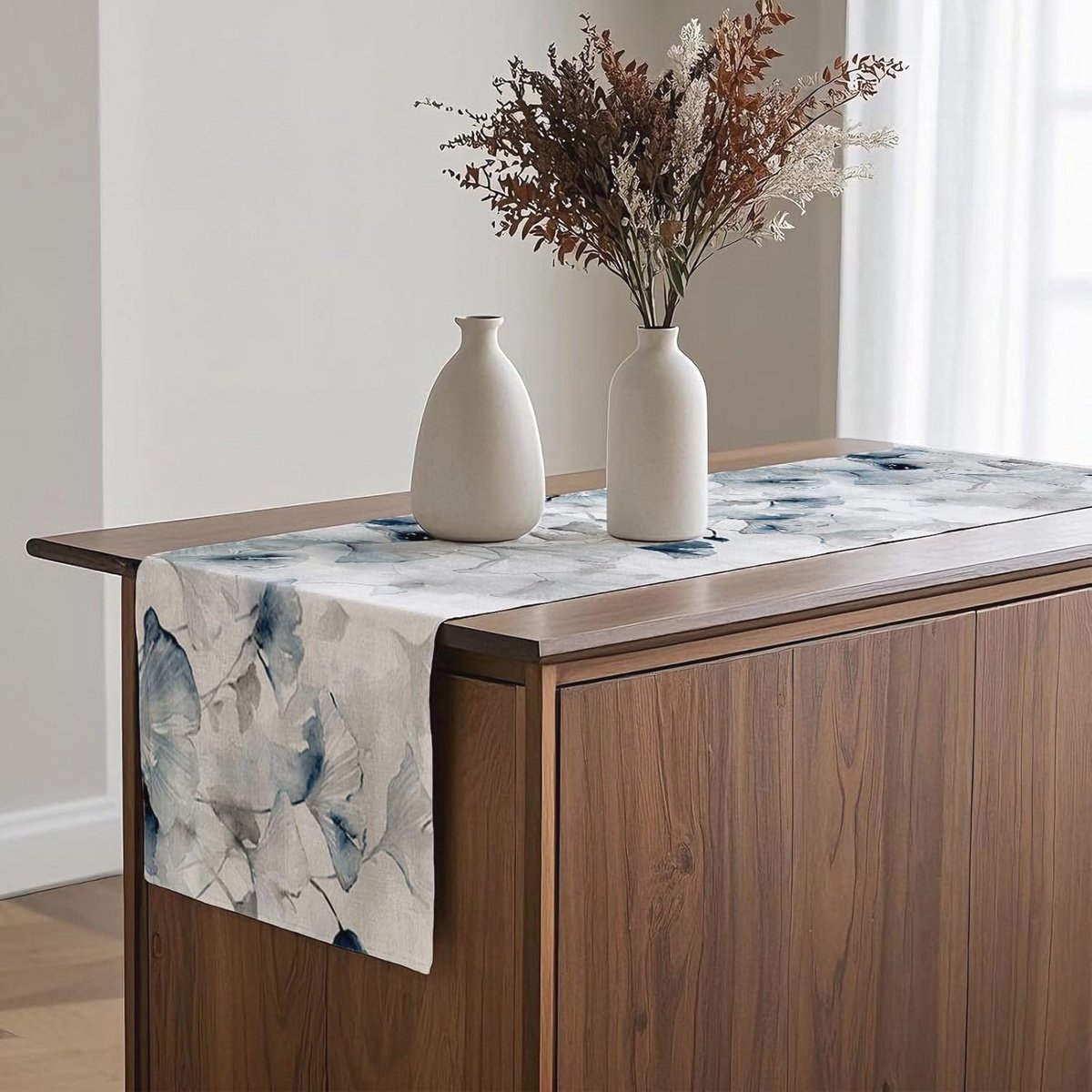Moderne tafelloper blauw en grijs - decoratief tafelkleed voor binnen - 40 x 140 cm