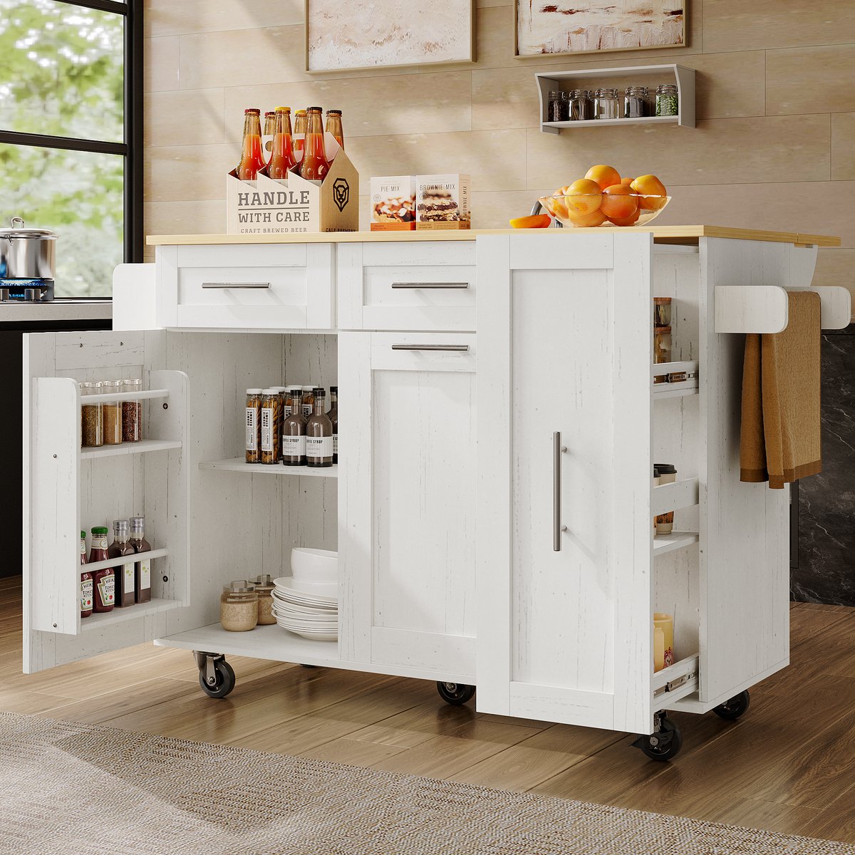 HAUSS SPOLE Keukenwagen - Multifunctioneel Keukeneiland Met Uitklapbaar Eettafelblad En Opbergruimte - Uitschuifbare Schappen - MDF-Metaal - 110x46x90,5 Cm - Wit