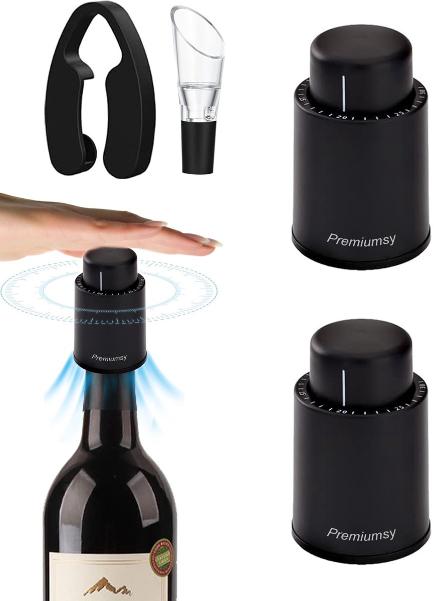 Premiumsy Vacuüm Wijnstopper Set - 2 stuks - Wijn Vacuümpomp - Flessenstop - Lekvrij en Herbruikbaar - Wijn Accessoires - Incl. Schenker en Foliesnijder