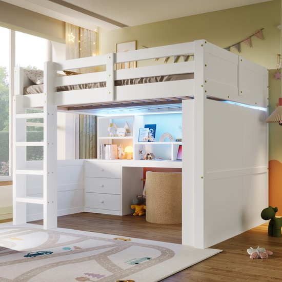 HAUSS SPOLE Lit Mezzanine 140x200cm - Avec éclairage LED - Armoire, Bureau Et 3 Tiroirs - Multifonctionnel Avec Rangement - Sans matelas - Sapin/MDF - Blanc