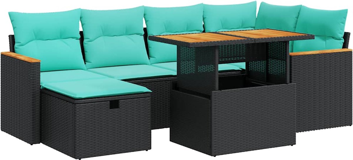 vidaXL 7-delige - Loungeset - met - kussens - poly - rattan - acacia - bruin zwart