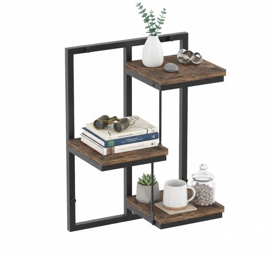 Industrieel wandrek met bruine planken, met diverse decoraties zoals een vaas en boeken.