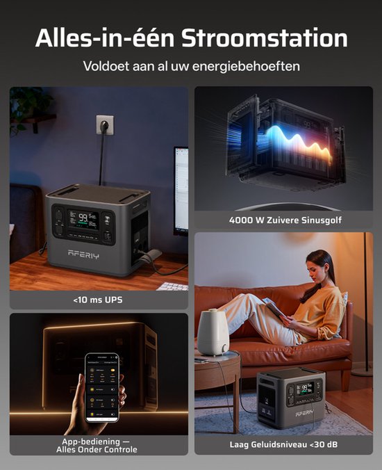 Grijze AFERIY powerstation aangesloten op stopcontact, met app-bediening, 4000W zuivere sinusgolf en lage geluidsniveau.