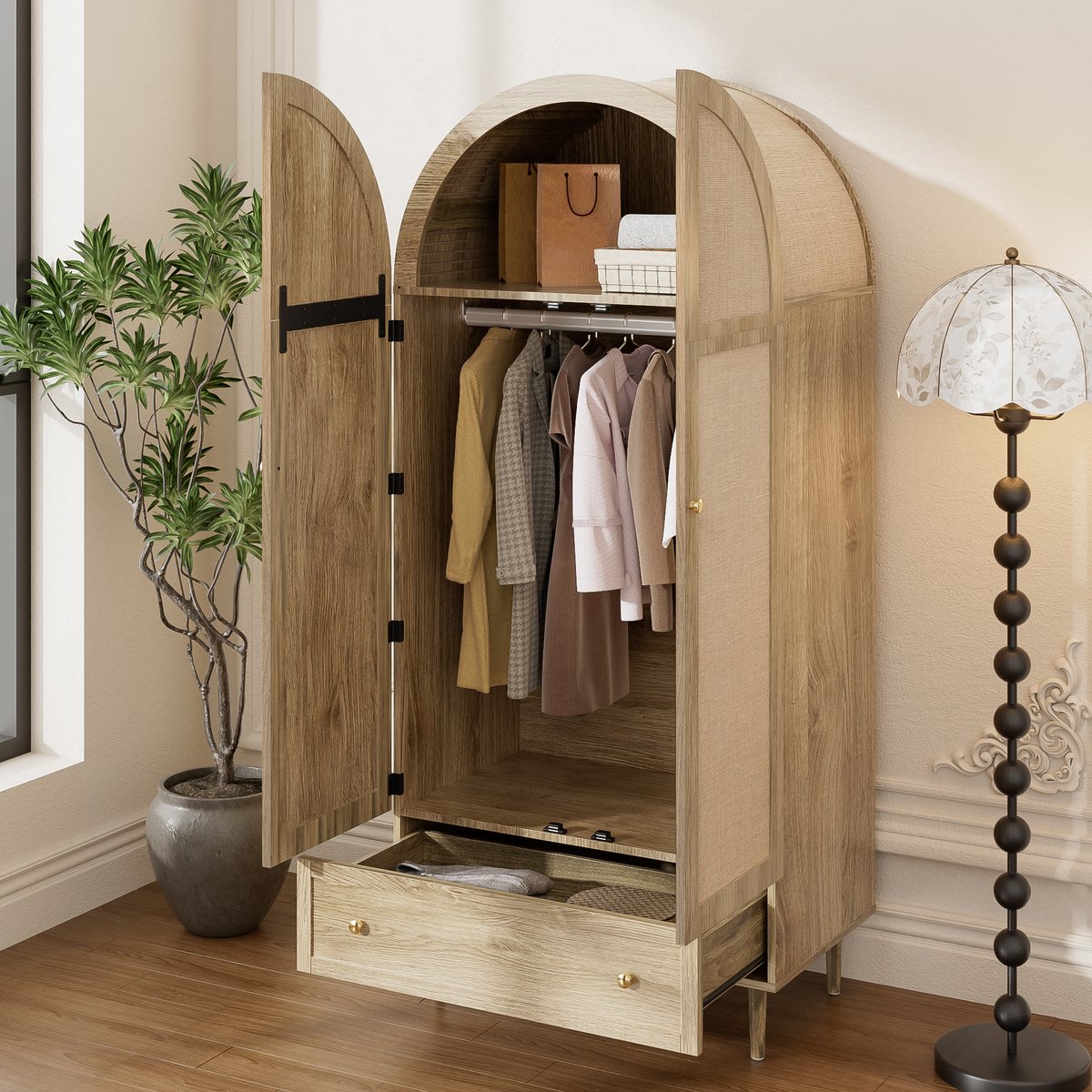 OKWISH Kledingkast – Eikenfineer – Met Stoffen Deuren en Lades – Boogfront Design – Ruime Opbergruimte Voor Kleding en Beddengoed – 79×50×175 cm – MDF Eiken