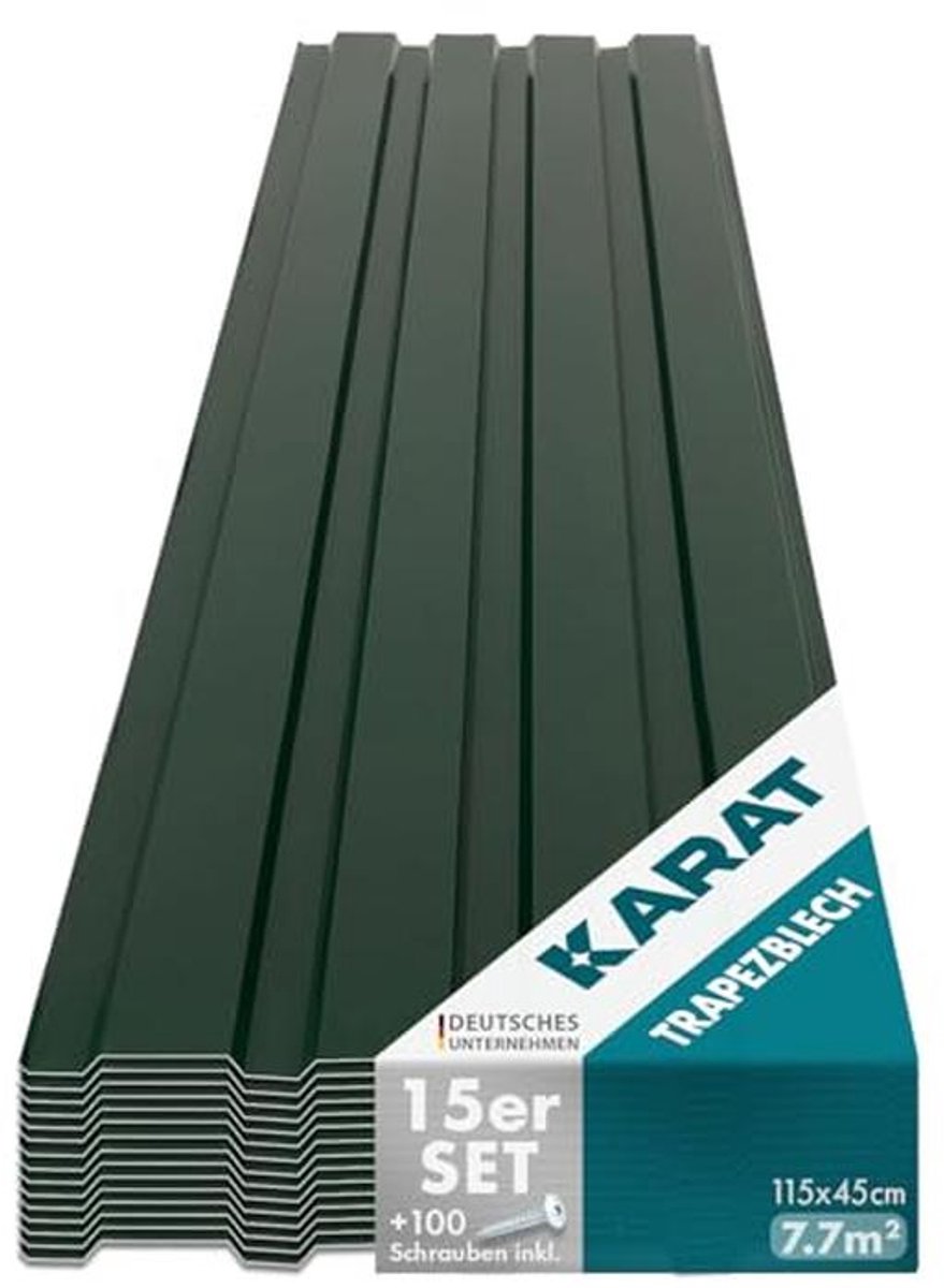 Karat Set of 15 Trapezoidal Sheets, 115 x 45 cm, Profile Sheet with Screws 7.7 m², Roof Sheet, Thickness 0.25 mm, Sheet Steel Roof Sheets, Wall Cladding (Green)