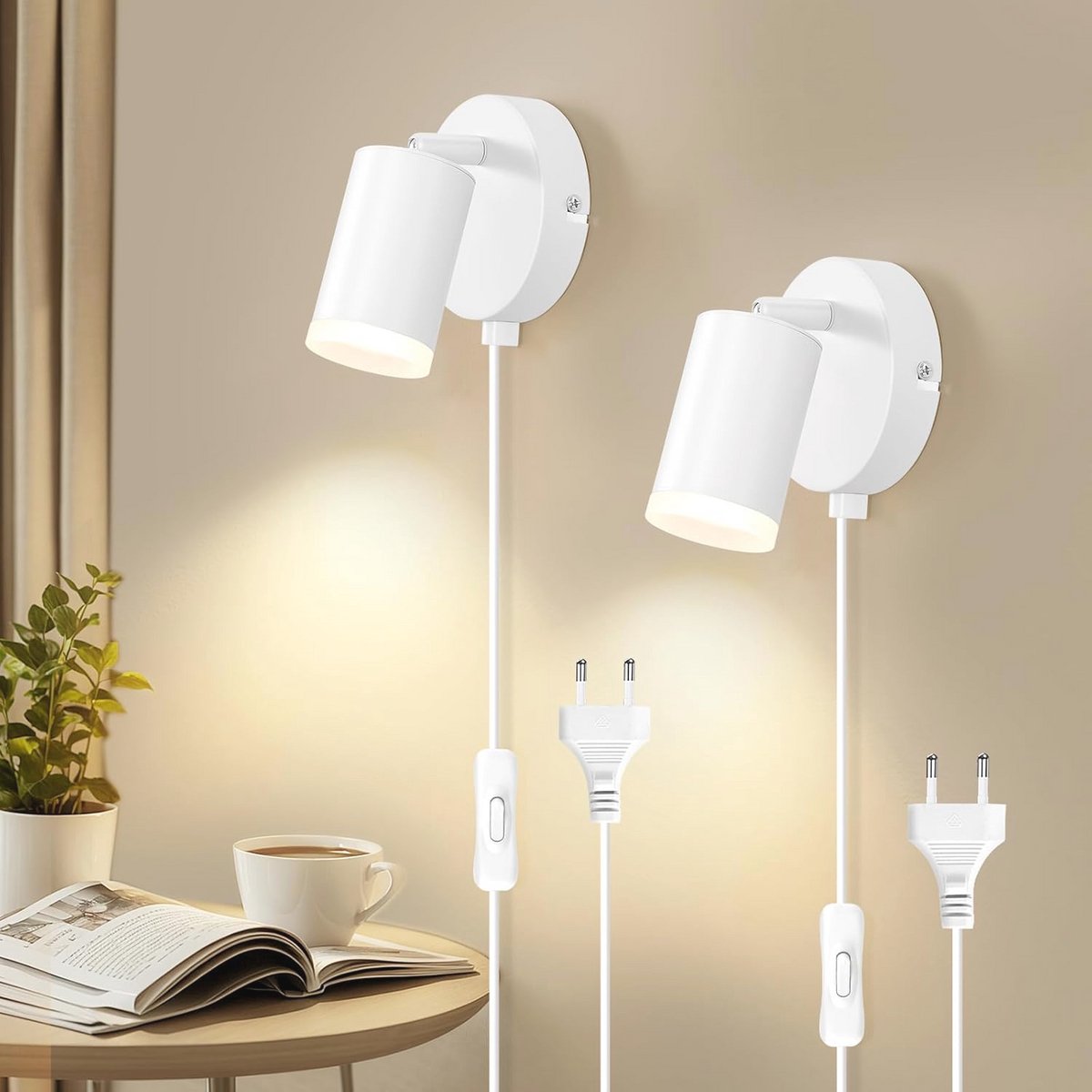 Ronde LED Wandlamp met Stekker en Schakelaar, Matte Witte Wandverlichting voor Binnen, Draaibaar tot 350°, Geschikt voor Slaapkamer, Studiekamer, en Kantoor, Set van 2