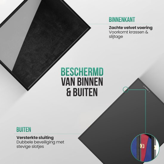 Zwarte wissellijst met informatie over de binnenkant met fluwelen voering en de buitenkant met versterkte sluiting.
