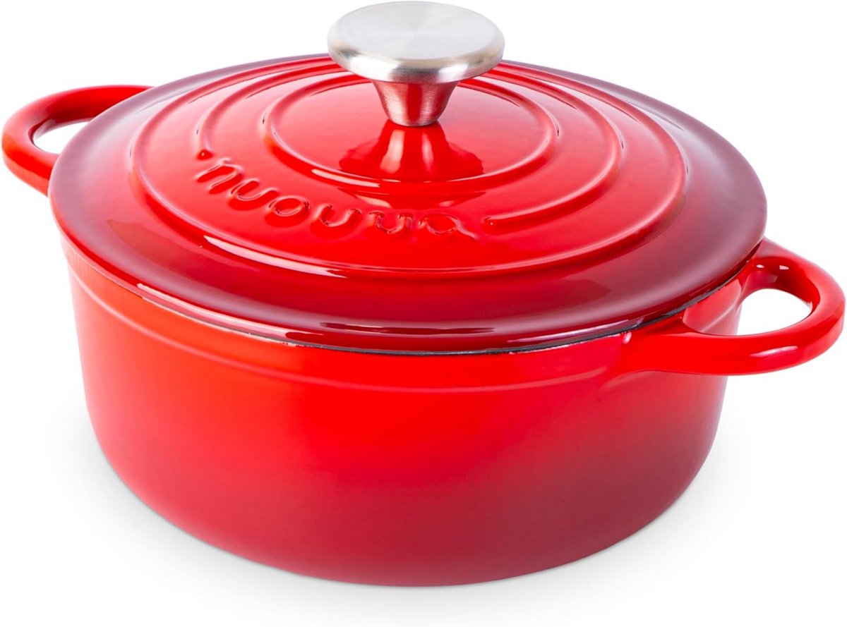 Gietijzeren Braadpan met Deksel - Ovenbestendige Enamel Casserole - Stevige Dutch Oven Kookgerei - Rood, 2.1 Quart, 20 cm