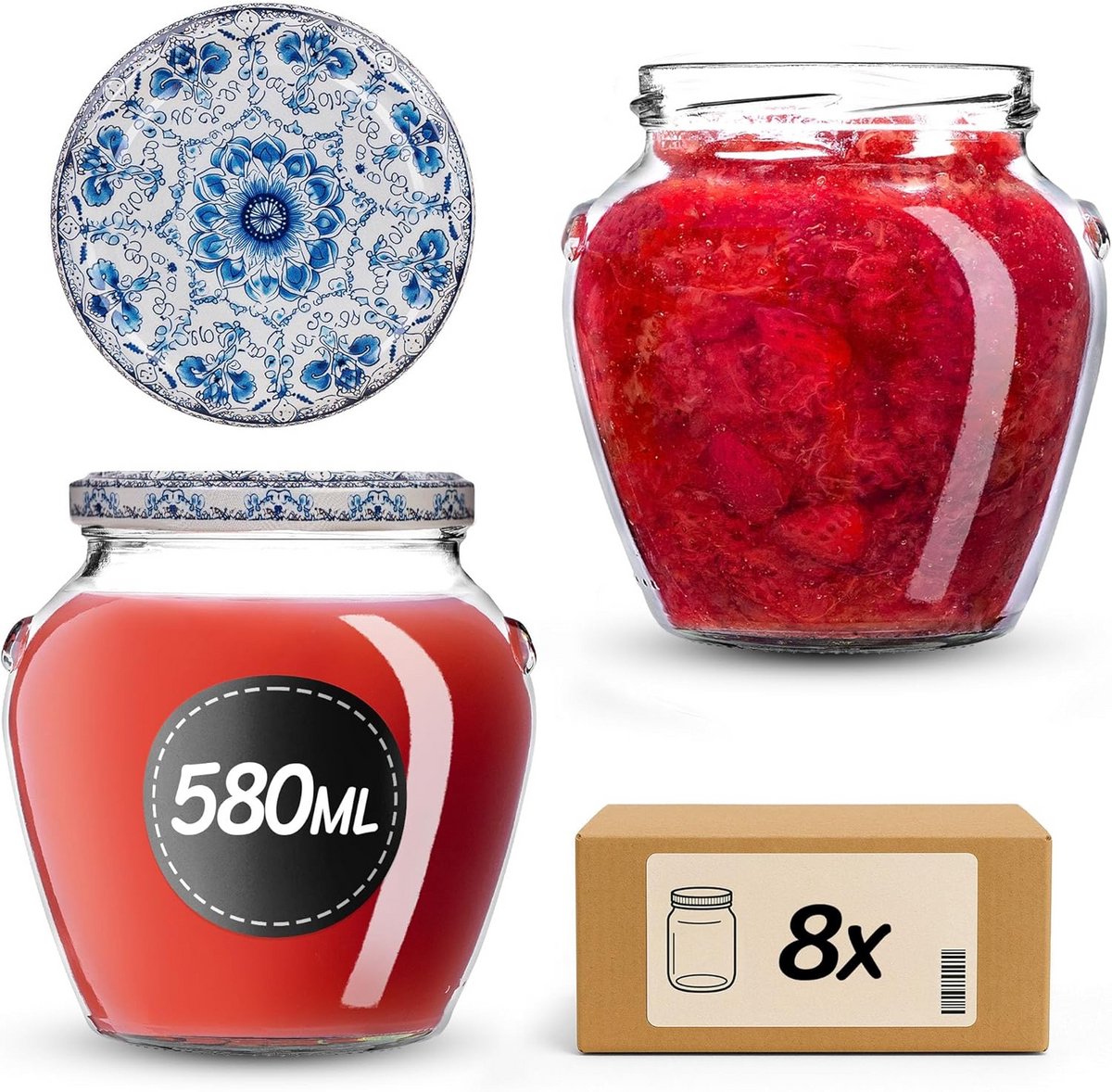 Bewaarpotten 580 ml met Schroefdop - Set van 8 voor Jam, Honing en Inleggerechten