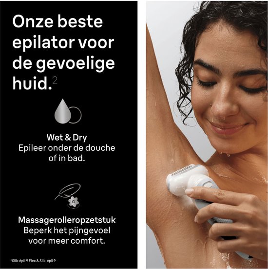 Vrouw epileert haar oksels in de douche met de Braun Silk-épil 9. Benadrukt Wet & Dry gebruik en massage opzetstuk.