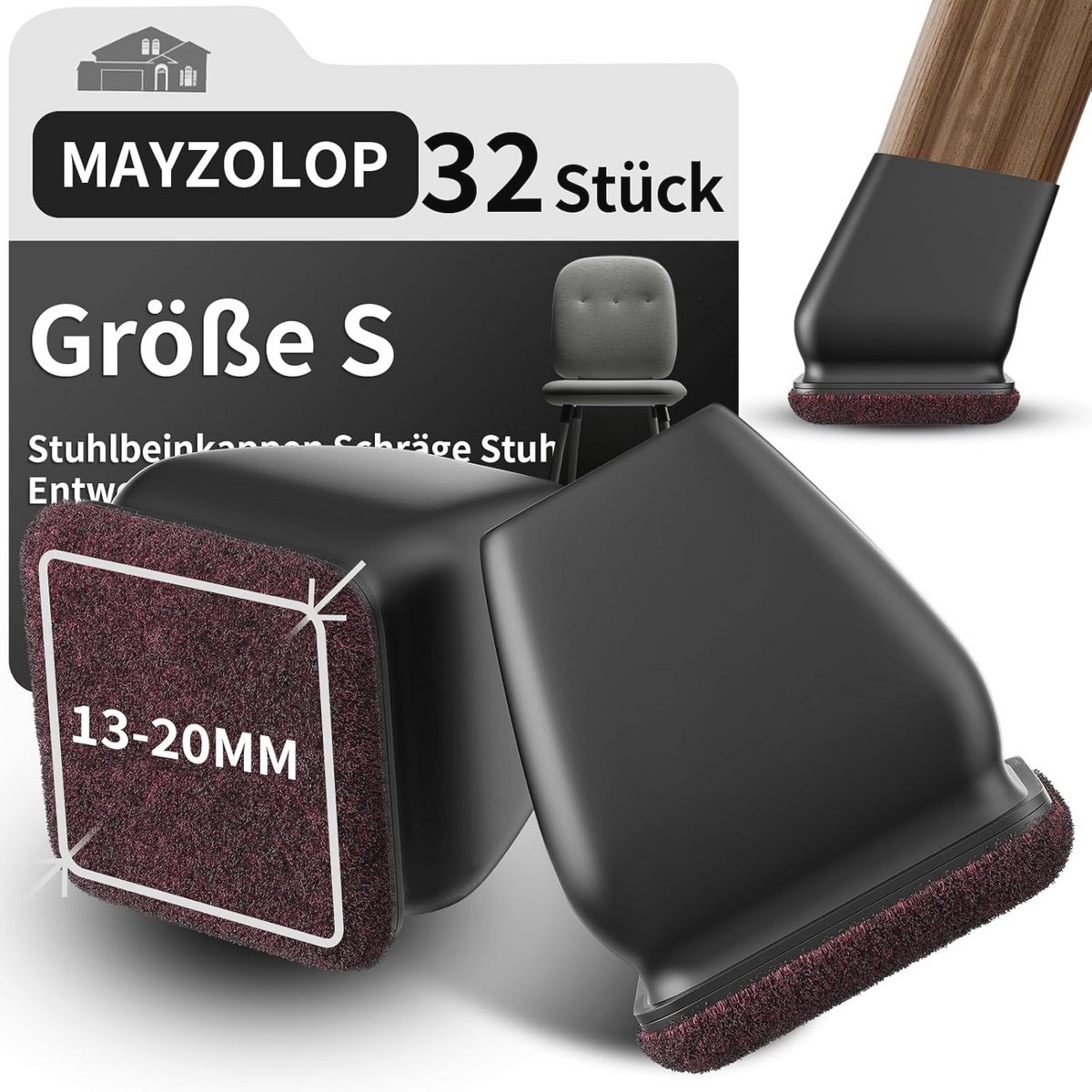 Stoelpootdoppen voor schuine stoelpoten - 32 stuks, zwart, 16-20 mm diameter, vilt bescherming voor hardhouten vloeren