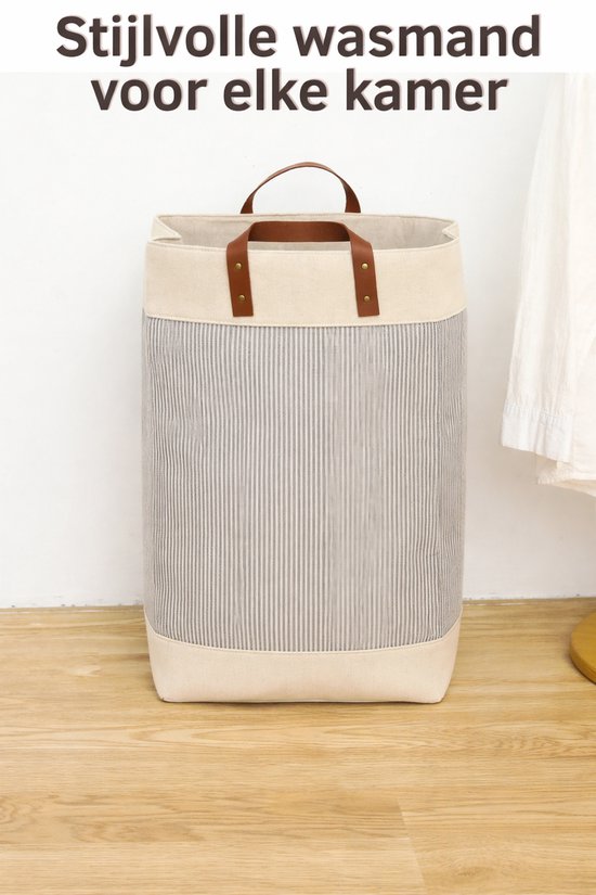 Webzon – Panier à linge – Paniers à linge – Panier à linge pliable – Panier à linge pliable – 30×35×55 cm – Design anglais – Tissu jute avec poignées en cuir – Panier de rangement – Pliable et gain de place – Gris crème
